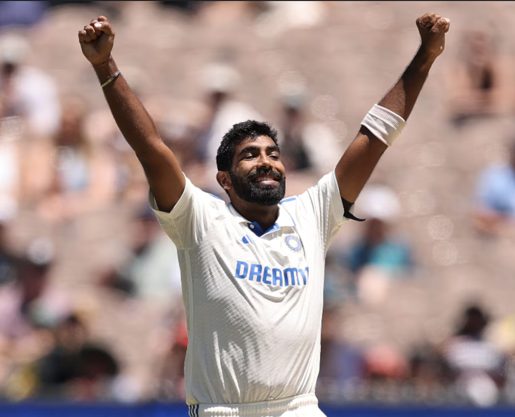 Jasprit Bumrah holding the ICC Men's Cricketer of the Year 2024 award